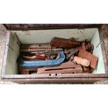 WOODEN TOOL BOX WITH CONTENTS, CLAMPS, MORTICE PLANES & OTHER TOOLS