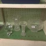 GLASS FRUIT BOWL, DECANTER & STOPPER & 2 VASES