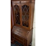 OAK LEADED GLASS BUREAU BOOKCASE