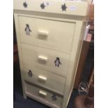 YELLOW PAINTED CHEST OF 4 DRAWERS ADORNED WITH PENGUINS