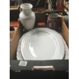 CARTON WITH 2 MEAT PLATES, VASE & WEDGWOOD JUG