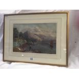 19THC WATERCOLOUR OF A LAKE DISTRICT VIEW WITH FIGURE ON THE JETTY WATCHING A YACHT, BELIEVED TO