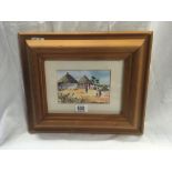 INDISTINCTLY SIGNED WATERCOLOUR OF FIGURES & CHICKENS IN AFRICAN VILLAGE SCENE
