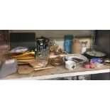 SHELF OF MIXED BRIC-A-BRAC INCL; CLOCK, PLATE WIRE CLIPS & INVITATION CARDS