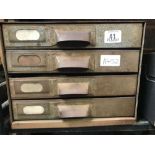 4 DRAWER SMALL STEEL CABINET CONTAINING ENGINEERING TOOLS, DRILLS, TAPS, MICRO METERS, CALLIPERS