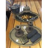 BRASS TRAY & A GALLERY TRAY, KETTLE & CANDLE HOLDERS ETC