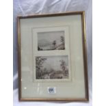 STYLE OF JOHN VARLEY. TWO EARLY 19THC SEPIA WATERCOLOUR LANDSCAPES IN ONE FRAME, UNSIGNED