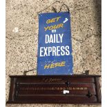 AN ALUMINIUM ADVERTISING DAILY EXPRESS SIGN & AN EJ RILEY MAHOGANY SNOOKER SCORE RACK