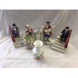 2 PAIRS OF CERAMIC BOOK END FIGURES & A SMALL AYNSLEY VASE