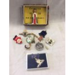 SMALL BOX OF MISC PIN BADGES & A CORONATION 1953 SOUVENIR