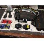 SCALECTRIX SET IN BOX WITH CARS, CONTROLLERS A/F - TRACK RUSTY (CARS IN OFFICE)