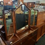 MAHOGANY TRIPLE DRESSING TABLE MIRROR & AN OVAL BEVELLED WALL MIRROR