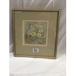 STILL LIFE WATERCOLOUR OF PRIMROSES, INDISTINCTLY SIGNED