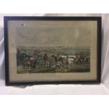 FIVE ANTIQUE COLOURED SPORTING AND COACHING PRINTS, FOUR IN ONE FRAME AND ANOTHER OF THE MEET OF THE