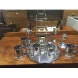 QTY OF PLATED TANKARDS, CANDLE HOLDERS ETC