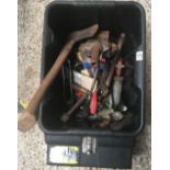 BLACK CARTON WITH VARIOUS HAND TOOLS, AN ENGINEERS VICE & EMPTY PLASTIC TOOLBOX