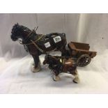 2 BROWN SHIRE HORSES WITH HARNESS & A CART BY MELBA
