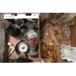 2 CARTONS WITH GLASSWARE, JELLY MOULD, STORM LANTERN, DECORATIVE VASE & A SHORT & MASON