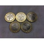 BAG OF FIVE 2016 WILLIAM SHAKESPEAR TWO POUND COINS HISTORIES SWORD THROUGH THE CROWN