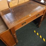 BROWN LEATHER TOP SIDE TABLE WITH DRAWER & BRASS HANDLES