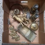 CARTON WITH PAIR OF VINTAGE BRASS BINOCULARS, GOBLIN DOOR KNOCKER, BRASS SANTA CLAUS WITH SLEIGH &