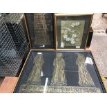 2 F/G PICTURES OF BRASS RUBBING'S & A F/G PICTURE OF AN ORIENTAL BIRD