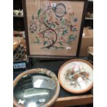 AN EMBROIDERED FIRE SCREEN, POTPOURRI PICTURE & A CONCAVE ART DECO CONVEX MIRROR