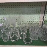 SHELF OF GLASSES, WHISKY TUMBLERS, BRANDY GLASSES ETC