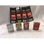 4 PACKETS OF ZIPPO WICKS, 3 ZIPPO LIGHTERS - 1 IN BRASS & 2 FOR LIVERPOOL FOOTBALL CLUB & 1 OTHER