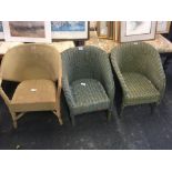 2 GREEN WICKER TUB CHILD'S CHAIRS & A LOOM CREAM COLOUR CHILD'S TUB CHAIR