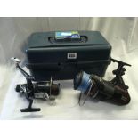 PLASTIC FISHING KIT BOX WITH FLY TYING THREADS, GLUES, ACCESSORIES & A BARBARIAN MATCH SPINNING REEL