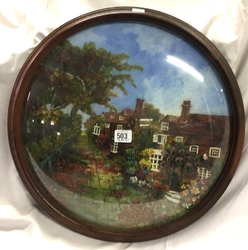 CIRCULAR OIL PAINTING OF COTTAGES WITH SUMMER GARDENS PAINTED WITH THICK IMPASTO, FRAMED AND UNDER