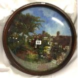 CIRCULAR OIL PAINTING OF COTTAGES WITH SUMMER GARDENS PAINTED WITH THICK IMPASTO, FRAMED AND UNDER