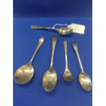 5 SILVER TEA SPOONS A/F INCL; 1 NOBLE BULLET TEA SPOON