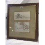 TWO FINE PEN AND INK DRAWINGS OF EQUESTRIAN SUBJECTS TOGETHER WITH WRITTEN DETAILS ON THE MOUNT.