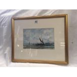 WATERCOLOUR OF BEACHED SAILING BOATS, INDISTINCTLY MONOGRAMMED