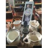 CARTON WITH JUGS BY MASON & WOOD & A CHINA PORCELAIN DOLL CALLED 'RACHEL'