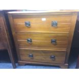 STAINED PINE CHEST OF 3 DRAWERS WITH METAL DROP HANDLES