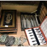 BOX CONTAINING CASH BOX, VARIOUS WHITE METAL ASHTRAYS, KNIFE & FORK FISH SET & 6 TEA SPOONS IN CASE