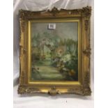 OIL PAINTING ON CANVAS OF A SUMMER GARDEN SCENE, INDISTINCTLY SIGNED, INSCRIBED MOSTYN TO THE