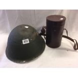 EASTERN BLOC. MILITARY STEEL HELMET & VINTAGE GAS MASK IN LEATHER CARRY CASE