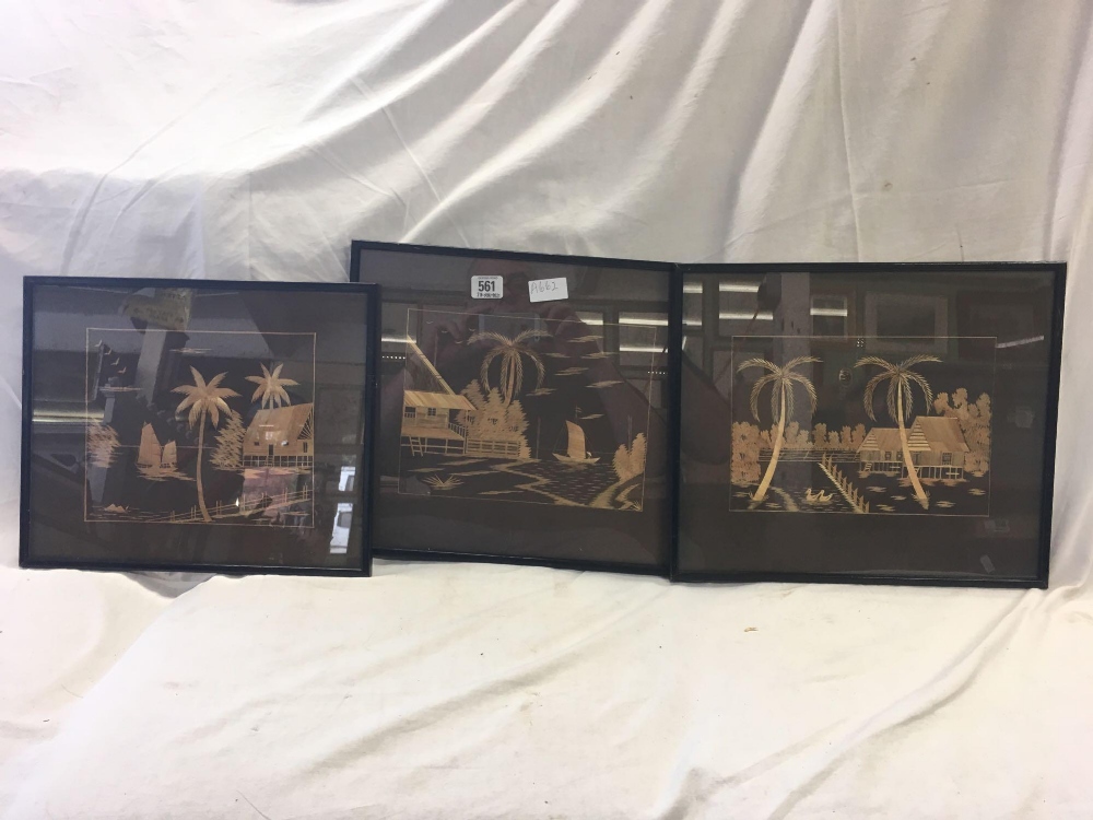 4 F/G BAMBOO MARQUETRY PICTURES, PLUS A LARGE MARQUETRY PICTURE