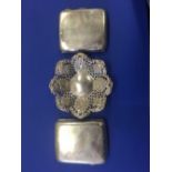 2 SILVER CIGARETTE OR CHEROOT CASES & 1 BON-BON DISH ALL A/F, TOTAL WEIGHT 164g