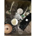 CARTON OF MIXED GLASS, COFFEE MUGS & WADE SANDIMAN CHERRY CONTAINER