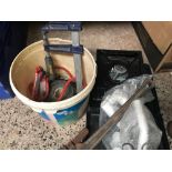 BUCKET OF MISC TOOLS, PLASTIC WATER FITTINGS & A PORTABLE GAZ COOKER