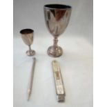 SMALL SILVER PENCIL, SILVER BLADED FRUIT KNIFE, 1 SCALE CRACKED & 2 SMALL GOBLETS APPROX 66g