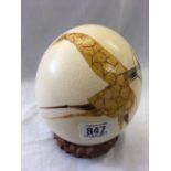 ABSTRACT ART PAINTED OSTRICH EGG WITH AFRICAN FIGURES & ANIMAL
