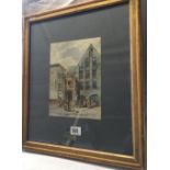 GOOD 19THC WATERCOLOUR OF FIGURES IN A CONTINENTAL SQUARE, INDISTINCTLY INSCRIBED JOHN VAN EYCK,