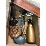 CARTON WITH INLAID BOOK SLIDE, GAS SODA SYPHON & OTHER TREEN ITEMS