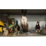 SHELF WITH WADE TORTOISES, DUCKS, DOGS, HORSES, CATS & A VASE BY EASTGATE POTTERY CALLED 'FAUNA'
